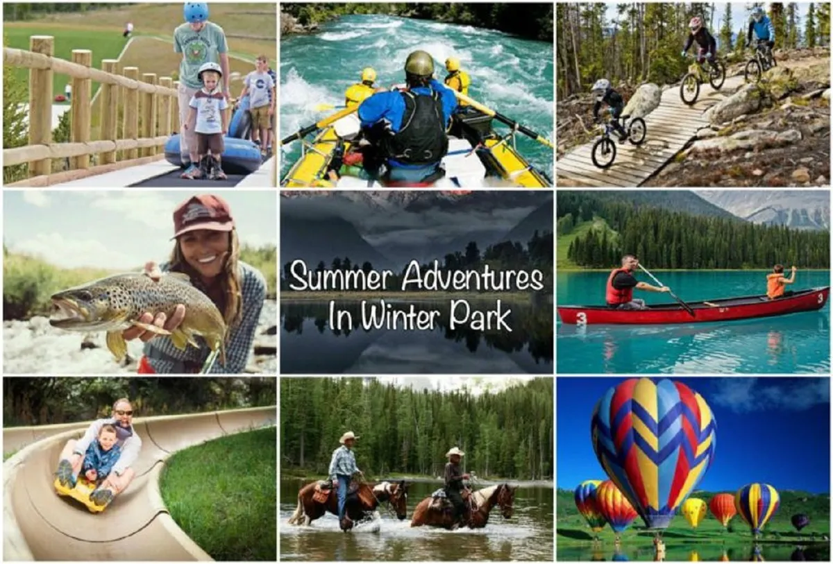 An energetic outdoor scene with families participating in summer activities like rafting on a river, biking on scenic trails, water sliding, horseback riding, and watching colorful hot air balloons float above the landscape. Nature and wildlife add to the adventurous spirit.