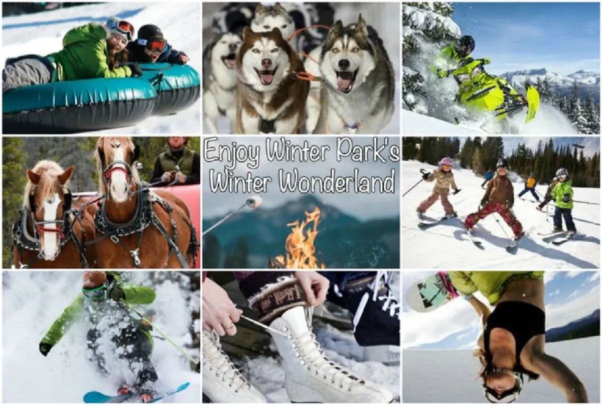 A lively winter scene featuring people tubing down snowy hills, huskies pulling sleds, snowmobilers zipping by, children skiing, and families gathered around a fire. Horses and skates add to the variety of snowy activities depicted, and there's an overall sense of outdoor fun and adventure.